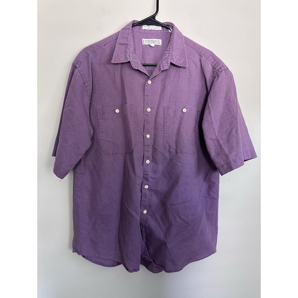 Vintage 100% Linen/Cotton Short Sleeve Button-Up Shirt Purple Vacation LARGE